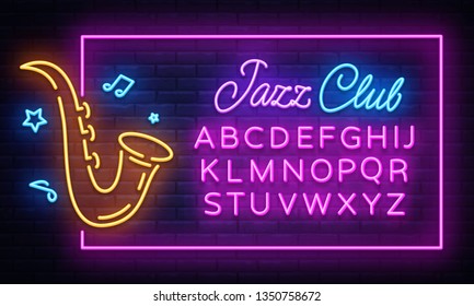 Cartel de Neon de música jazz en el vector de cuadros. Señal de neón de música en vivo, plantilla de diseño, diseño moderno de tendencia, señalización de neón nocturno, publicidad nocturna brillante, banner luminoso. Vector. Editar signo de neón de texto