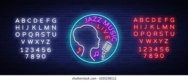 Jazz music is a neon style logo. Neon sign symbol, emblem, light banner, luminous sign. Bright Neon Night Advertising for Jazz Club, Cafe, Bar, Party. Vector illustration. Editing text neon sign