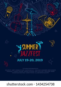 Jazz music night event poster vector outline template. Summer jazzfest flyer layout. Classical music concert web banner with text space. Woodwind orchestra performers silhouettes illustration