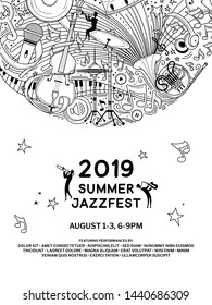 Jazz music night event poster vector outline template. Summer jazz festival flyer layout. Classical music concert web banner with text space. Woodwind orchestra performers silhouettes illustration