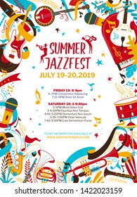 Jazz Music Night Flat Vector Poster Template. Summer Jazz, Rhythm And Blues Festival Web Banner With Text Space. Banjo, Saxophone, Drums And Flute Illustration. Live Music Concert Flyer, Brochure