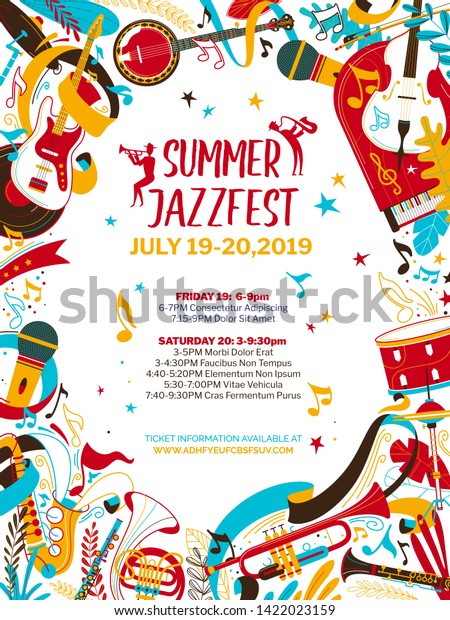 Jazz music night flat vector poster template.\
Summer jazz, rhythm and blues festival web banner with text space.\
Banjo, saxophone, drums and flute illustration. Live music concert\
flyer, brochure