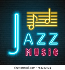 Jazz Music Note Neon Light Glowing Graphic Vector Illustration 