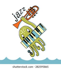 jazz music, octopus with  trumpet, microphone and synthesizer in the sea, vector illustration, character design, isolated