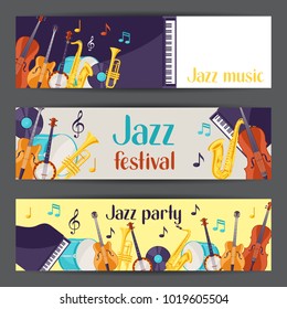 Jazz music party festival banners with musical instruments.