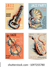 Jazz music party with musical instruments. Saxophone, guitar, cello, gramophone with grunge watercolor splashes. Design template for invitation, card, poster, placard and flyer. Vector illustration