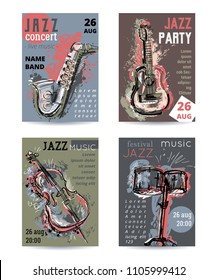 Jazz music party with musical instruments. Saxophone, guitar, cello, drum kit with grunge watercolor splashes. Design template for invitation, card, poster, placard and flyer. Vector illustration 