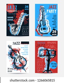 Fiesta musical de jazz con instrumentos musicales. Saxofón, guitarra, violoncelo, kit de tambor con salpicaduras de color gris. Plantilla de diseño para invitación, tarjeta, afiche, cartel y volante. Ilustración del vector