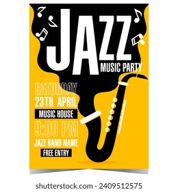 Jazz music party poster or banner, instrumental concert or music festival invitation with black saxophone on a yellow background and musical notes. Vector illustration for cultural show of jazz music.