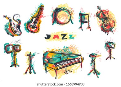 Jazz music party poster with musical instruments collection. Piano, saxophone, guitar, cello, drum kit in grunge watercolor style. Isolated elements on white background. Vector illustration