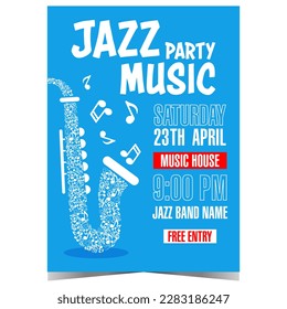 Jazz music party promo banner or poster with white saxophone composed from musical notes on blue background. Vector leaflet or flyer suitable for live jazz music concert or festival. Ready to print.