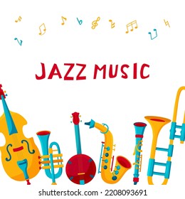 Jazz music phrase with musical instruments. Funny vector flat illustration with banjo and saxophone in bright colors on white square background. Various musical symbols and objects, notes for card