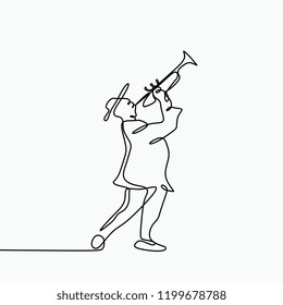 Jazz music player with flute. Single one line art drawing vector illustration.