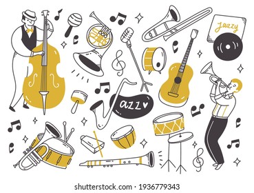 Jazz music player with instruments in doodle style vector