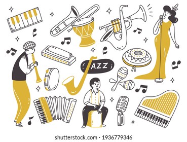 Jazzmusikspieler mit Instrumenten im Doodstyle-Vektorgrafik