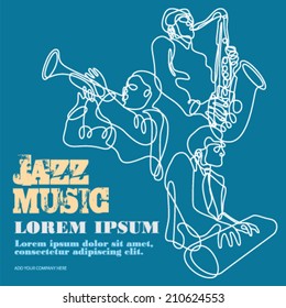 Jazz music players with trumpet, saxophone and piano doodles poster