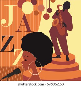 Jazz music players with trumpet, saxophone and piano doodles poster
