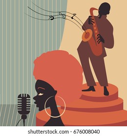 Jazz music players with trumpet, saxophone and piano doodles poster