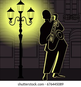 Jazz music players with trumpet, saxophone and piano doodles poster