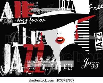 Jazz music, poster background template. Front view portrait of woman face
