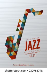 Jazz music, poster background template. Stylized Illustration of a colorful saxophone made with triangles. Vector design.