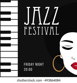 Jazz music, poster background template. Piano keyboard illustration. Creative vintage poster. Vector retro style template. Front view portrait of a black woman face