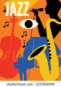 Jazz-Musikposter für Bandaufführungen. Farbige musikalische Instrumente, Hintergrund. Live-Konzertveranstaltungen, Musikfestivals und Shows Einladungs-Design. Nachtclub-Partyflyer. Vektorgrafik.