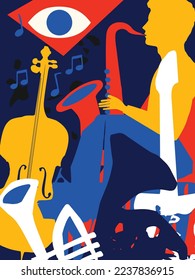 Jazz music poster for band performance. Colorful musical instruments background. Live concert events, music festivals and shows invitation design. Night club party flyer. Vector illustration.