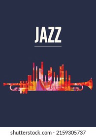 Jazz music poster with colorful trumpet and piano keyboard vector illustration. Live concert events, music festivals and shows creative background, party flyer, invitation design	