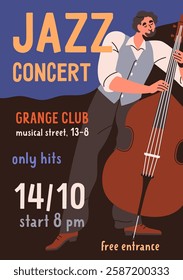 Jazz music poster, double bass player. Concert with contrabass, flyer design. Promotion card, ad placard, advertising vertical banner template for live performance. Flat vector illustration