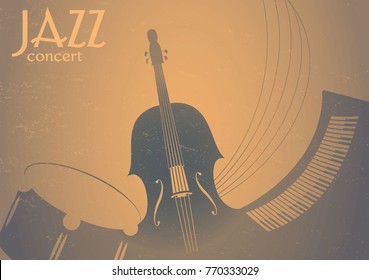 Jazz music poster with drum, double bass and piano. Trio concert conception