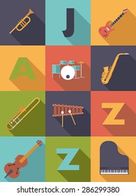 Jazz Music Poster Flat Design Vector Illustration. Jazz Music Poster with Flat Design Musical Instruments Icons