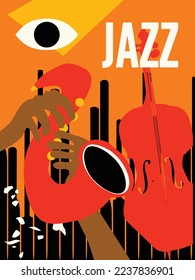 Jazz music poster with hands playing saxophone and violoncello. Musical background. Live concert events, music festivals and shows invitation design. Night club party flyer. Vector illustration.