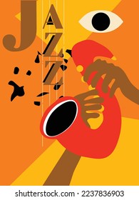 Jazz music poster with hands playing saxophone. Musical background with sax. Live concert events, music festivals and shows invitation design. Night club party flyer. Vector illustration.