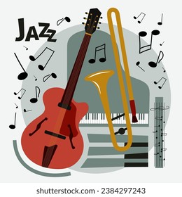 Jazz music poster. Illustration with guitar, piano and trombone, sheet music and text. Simple flat style. Red, yellow, black. For music festivals, invitations, flyers