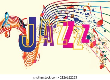 Jazz music poster for live concert events, music festivals and shows banner, party flyer. Trendy and colorful invitation for jazz club vector illustration with musical notes staff and word jazz