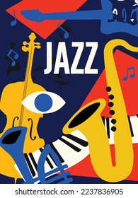 Jazz music poster with piano, sax, trumpet, guitar, cello. Musical instruments background. Live concert events, music festivals, shows invitation design. Night club party flyer. Vector illustration.