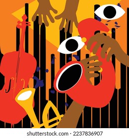 Jazz music poster with piano, sax, trumpet and cello. Musical instruments background. Live concert events, music festivals and shows invitation design. Night club party flyer. Vector illustration.