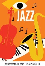 Jazz-Musikposter mit Klavier, Saxophon und Violoncello. Musikinstrumente, Hintergrund. Live-Konzertveranstaltungen, Musikfestivals und Shows Einladungs-Design. Nachtclub-Partyflyer. Vektorgrafik.