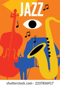 Jazz music poster with piano, saxophone and violoncello. Musical instruments background. Live concert events, music festivals and shows invitation design. Night club party flyer. Vector illustration.