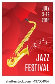 Jazz music poster with a saxophone notes on red background and the concert date vector illustration