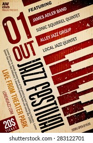 Jazz music poster template. 20 / -70 deg. rotation. Texture effects can be turned off.
