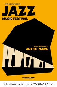 Design de modelo de cartaz de música jazz. Forma geométrica abstrata de piano estilo mínimo isolado no fundo amarelo. Elemento de projeto para impressão, brochura, folheto, folheto, convite, ilustração vetorial