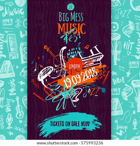 Jazz Music poster, ticket or program. Hand drawn illustration with brush strokes for jazz festival.