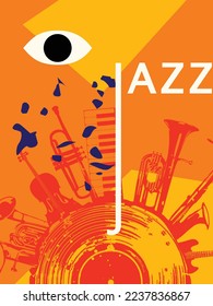 Jazz music poster with vinyl record disc. Musical instruments background. Live concert events, music festivals and shows invitation design. Night club party flyer. Vector illustration.