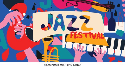 Afiche promocional de música jazz con instrumentos musicales colorida ilustración vectorial. Claves de piano, trompeta y pancarta saxofónica para conciertos en vivo, festivales musicales, espectáculos, celebraciones, folletos