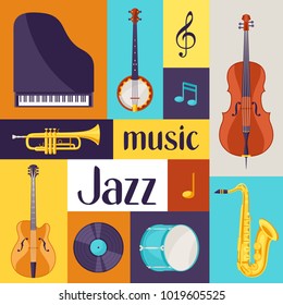 Jazz music retro poster with musical instruments.