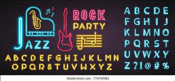 Jazz Music and Rock Party Neon Light Glowing Musical Vector. Piano, Saxophone, Guitar, Music Notes Sign Bright with Alphabets. Blue and Yellow Colour Light Alphabets