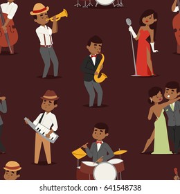 Jazz music seamless pattern group of creative young people playing on instruments vector illustration