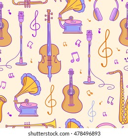 Jazz music seamless pattern. Hand drawn vector background with musical instruments. Musical orchestra pattern